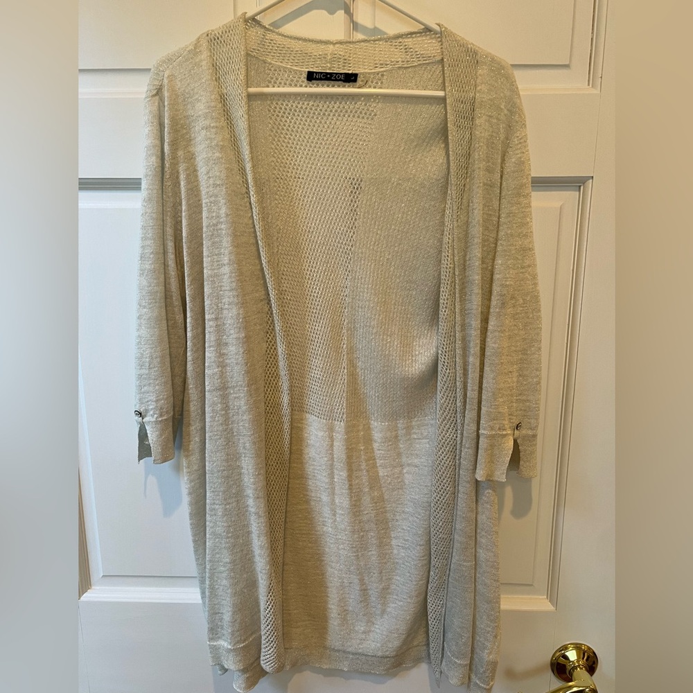 Nic + Zoe metallic silver/gray open weave linen cardigan in size large